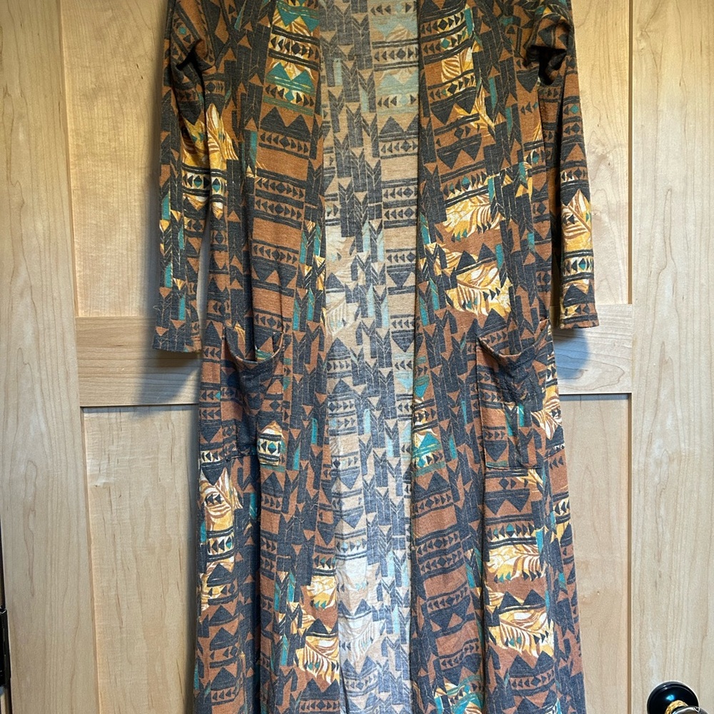 LuLaRoe Brown and Teal Geometric Cardigan